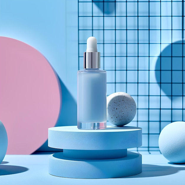 A bottle of cosmetic or skin care product is sitting on a round colored square