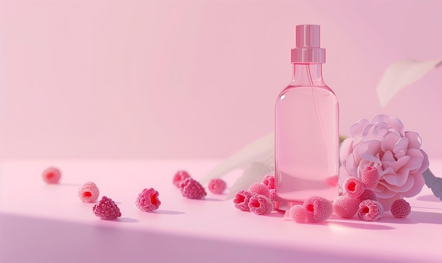 The bottle of cosmetics high Light pink gradient colour background with raspberries