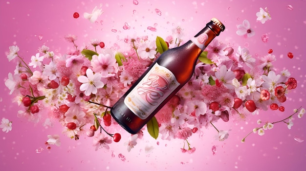 Bottle of craft cherry beer or on a light pink background with cherry blossom branches promotional illustration Red cherry ale or belgian kriek commercial banner Generative AI