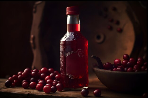 A bottle of cranberry whiskey sits on a table next to a bowl of cranberries.