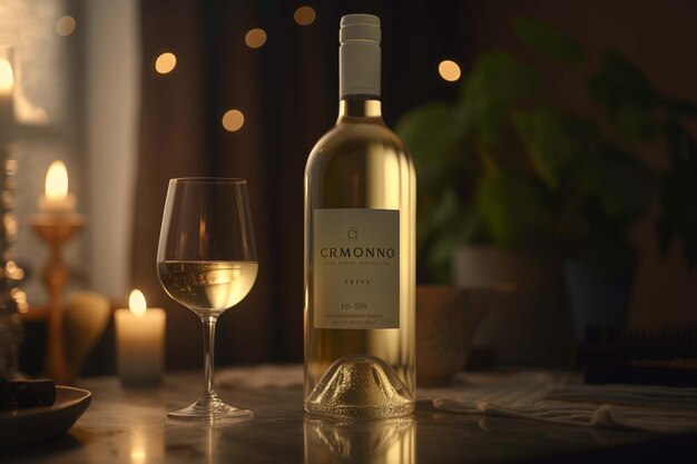 A bottle of crnomo wine sits on a table next to a glass.