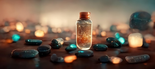 Photo a bottle of crystals sits on a table with a stone background.