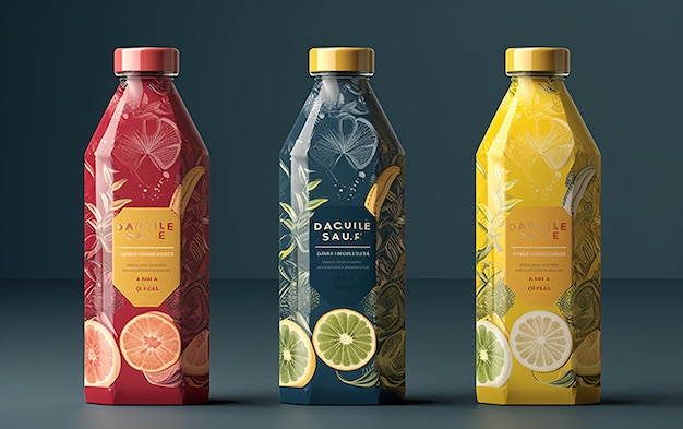 Photo a bottle of daquee juice with different colors.