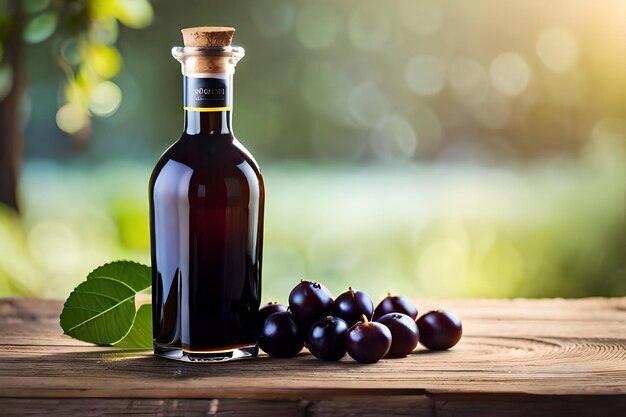 Premium AI Image | a bottle of dark red wine with green leaves in the