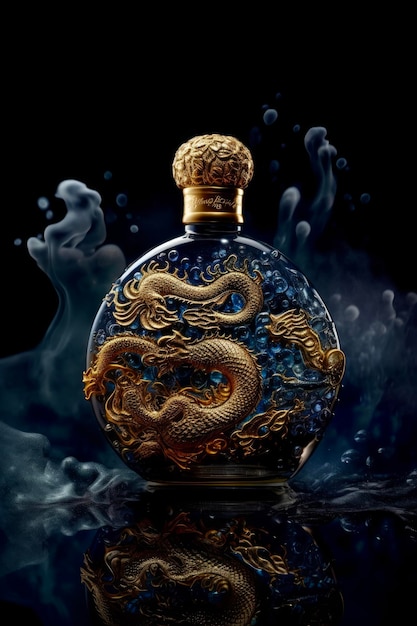 A bottle of dragon perfume with a blue background