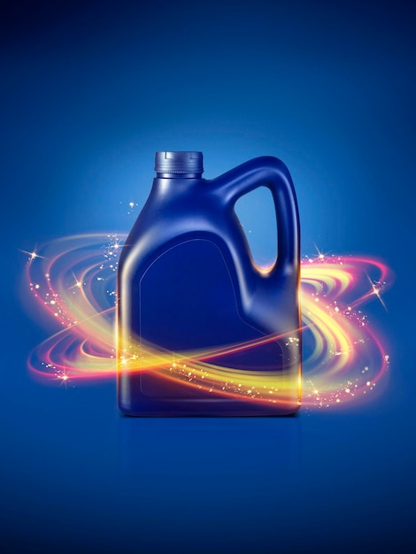 Фото Бутылка моторного масла на синем фоне