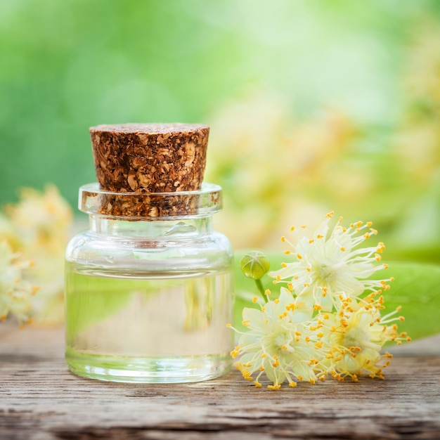 Bottle of essential linden oil and yellow lime flowers