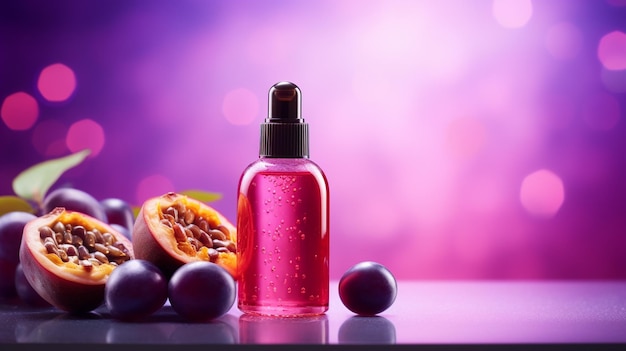 Bottle of essential oil and fruits on color background