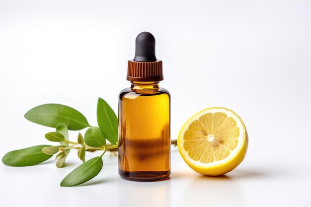 Photo a bottle of essential oil next to a half of a lemon