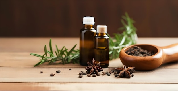 A bottle of essential oil sits on a wooden table with a bunch of spices and a sprig of coffee.