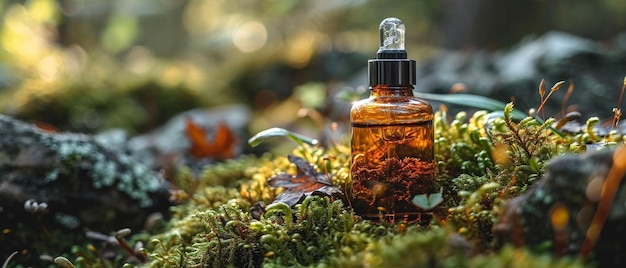 a bottle of essential oil sitting on a bed of moss