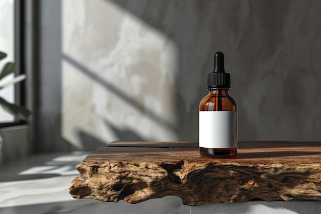 a bottle of essential oil sitting on a piece of wood