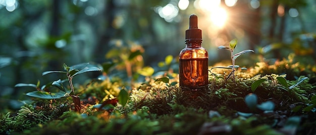 Photo a bottle of essential oil sitting on top of a moss covered ground