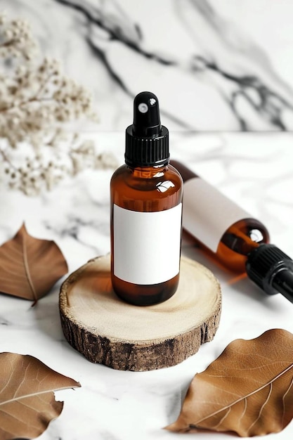 a bottle of essential oil sitting on top of a piece of wood