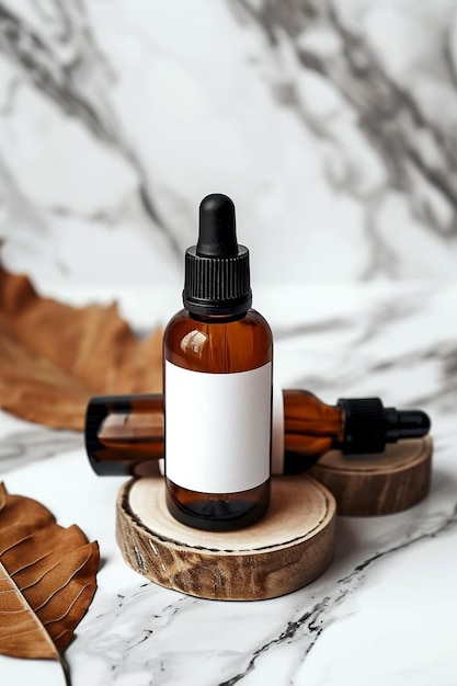 a bottle of essential oil sitting on top of a wooden coaster