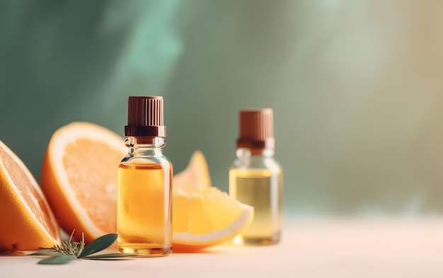 A bottle of essential oil next to a slice of lemon.