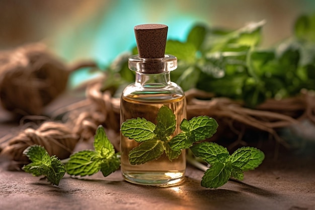 A bottle of essential oil next to a sprig of mint