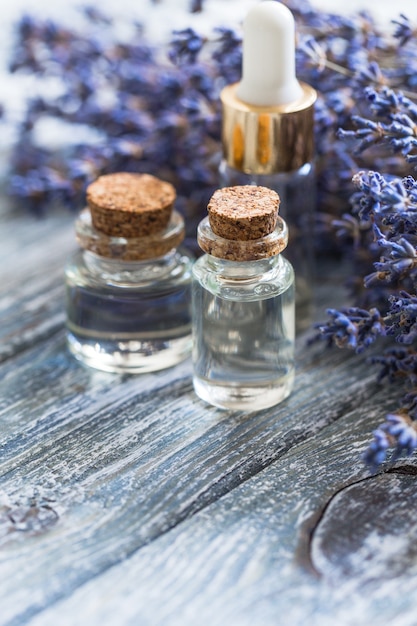 Bottle of essential oil on table