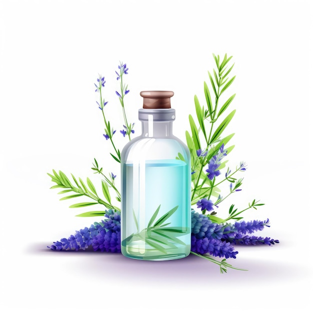 A bottle of essential oil with a blue bottle of essential oil.