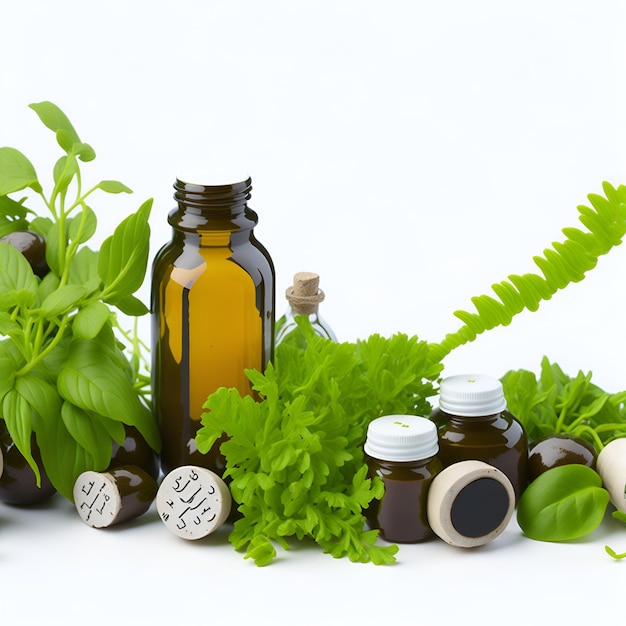 A bottle of essential oil with a few herbs on the side.