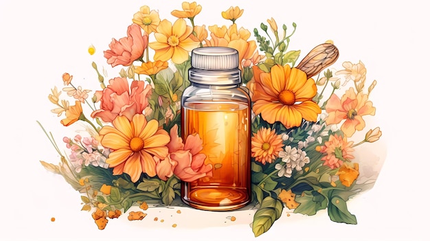 A bottle of essential oil with flowers and a bottle of essential oil.