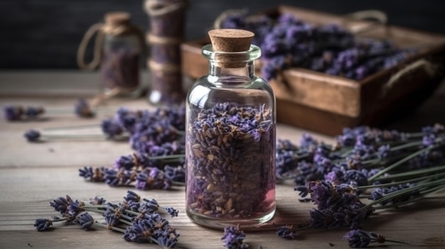 A bottle of essential oil with fresh blooming lavender twigs