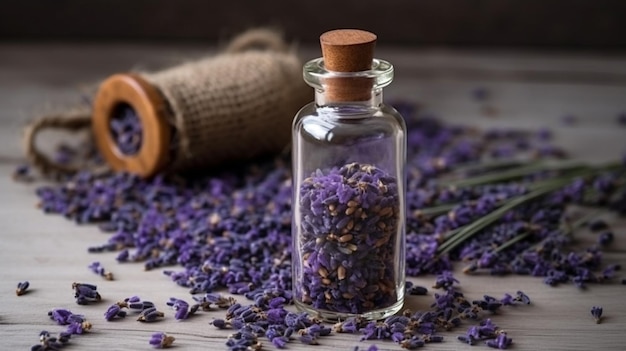 A bottle of essential oil with fresh blooming lavender twigs