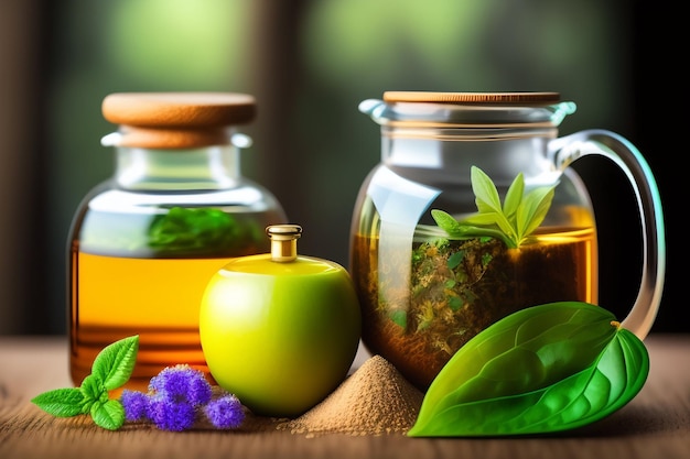 A bottle of essential oil with a green apple on the table.