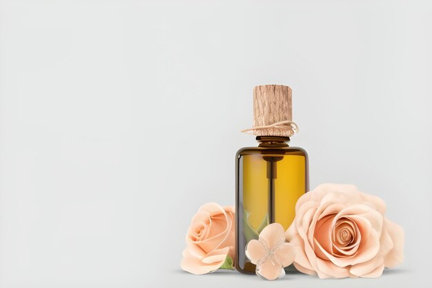 A bottle of essential oil with roses on a white background