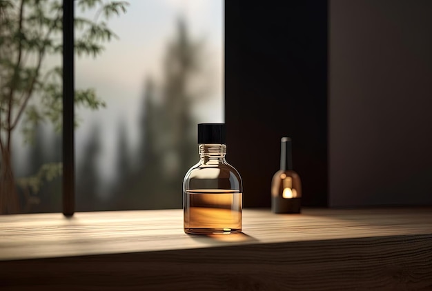 a bottle of essential oil on a wooden table in the style of xmaspunk