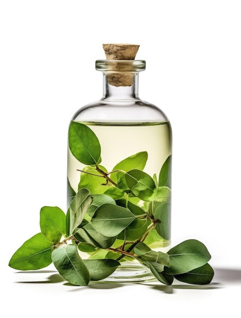 Bottle of eucalyptus oil on a white background