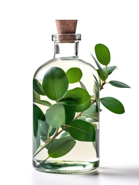 Bottle of eucalyptus oil on a white background