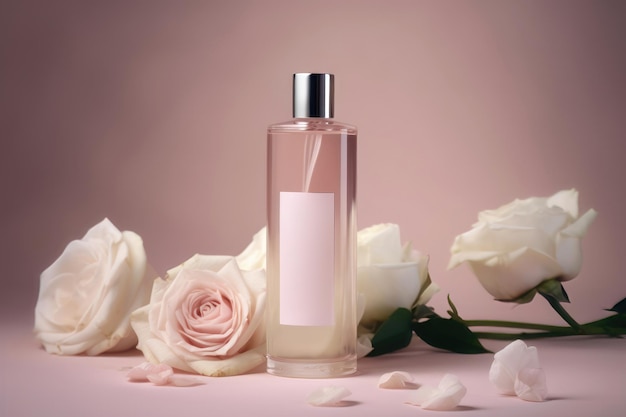 Bottle of facial cleanser nestled in the midst of roses AI generated