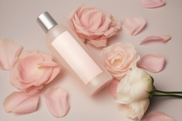 Bottle of facial cleanser nestled in the midst of roses AI generated