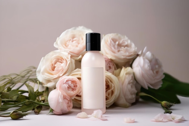 Bottle of facial cleanser nestled in the midst of roses AI generated