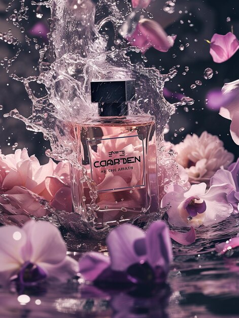 a bottle of feline perfume with flowers in the background