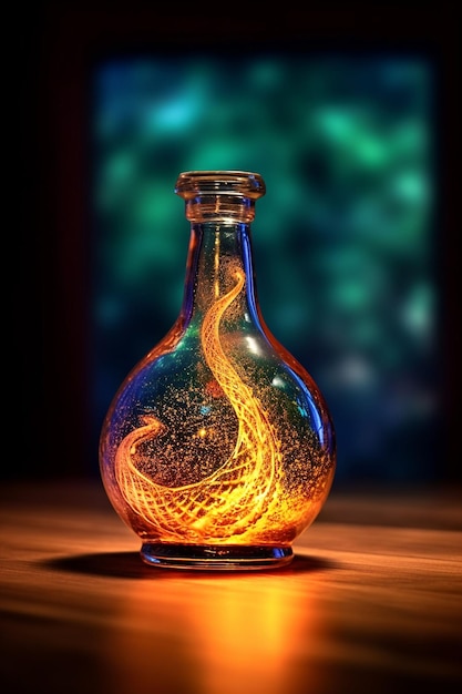 A bottle of fire in a glass bottle with a dragon on the bottom.
