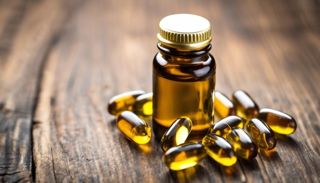 A bottle of fish oil pills on a wooden table