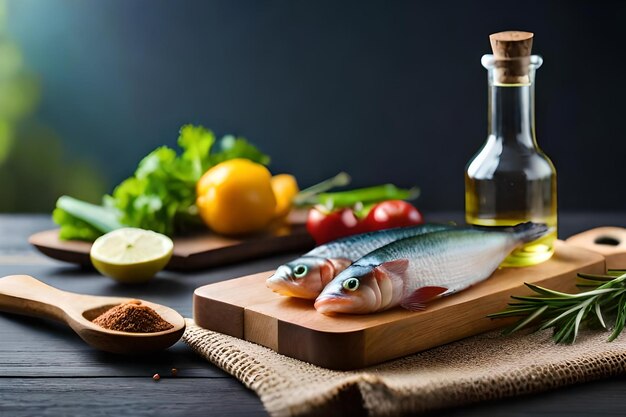 a bottle of fish with a bottle of oil next to it.