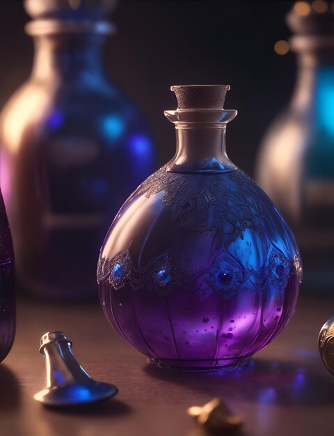 A bottle or flask with a magical colored potion Illustration for game projects Generative AI