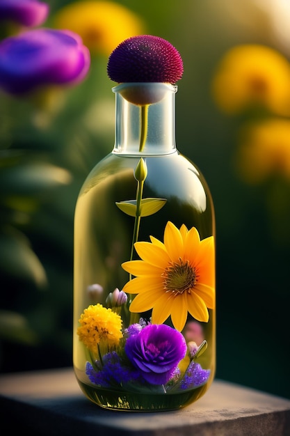 Foto una bottiglia di fiori con un fiore viola e giallo al centro.