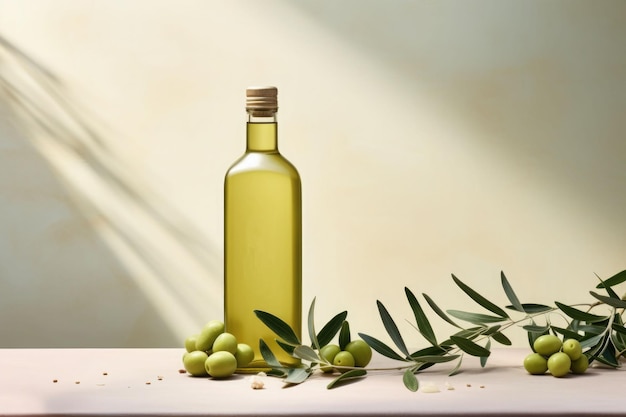 Bottle of fresh extra virgin olive oil and green olives with leaves Generative AI illustration