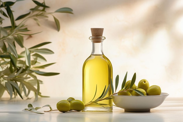 Bottle of fresh extra virgin olive oil and green olives with leaves Generative AI illustration