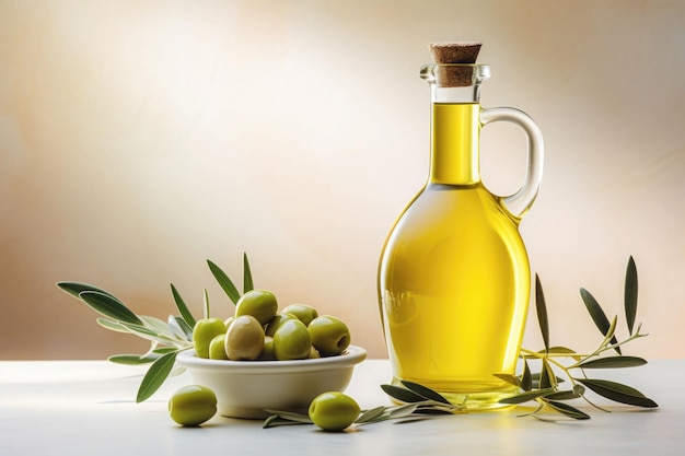 Bottle of fresh extra virgin olive oil and green olives with leaves Generative AI illustration