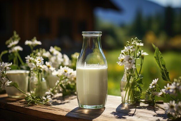 A bottle of fresh milk in a sunny summer farm meadow nature and mockup eco food da generative IA