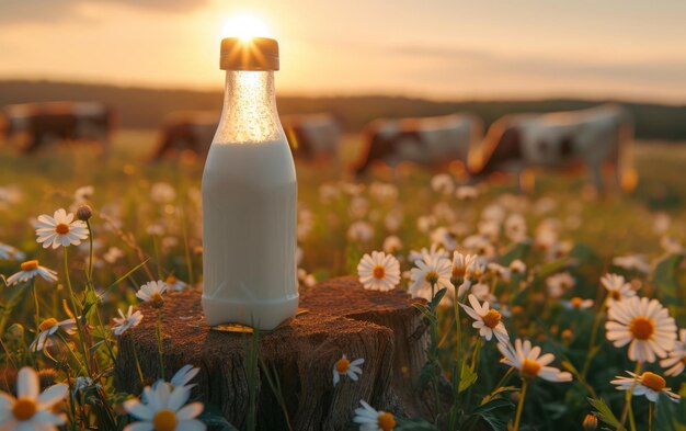 夕暮れ の 牛 と 野生 の 花 の 中 で 木 の 幹 に 置か れ た 新鮮 な 牛乳 の 瓶