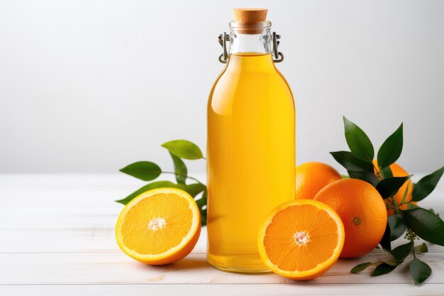 Bottle of fresh orange juice and an orange on a white background isolated