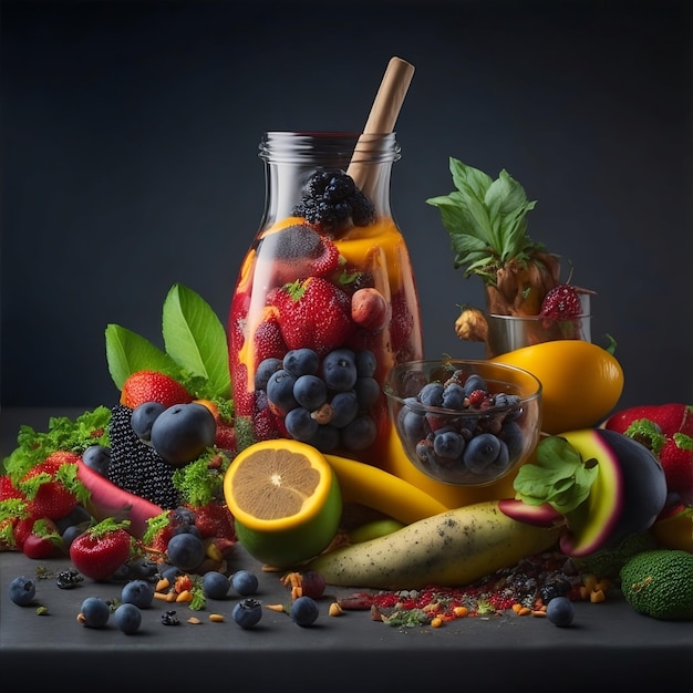 A bottle of fruit is next to a bunch of fruits and berries