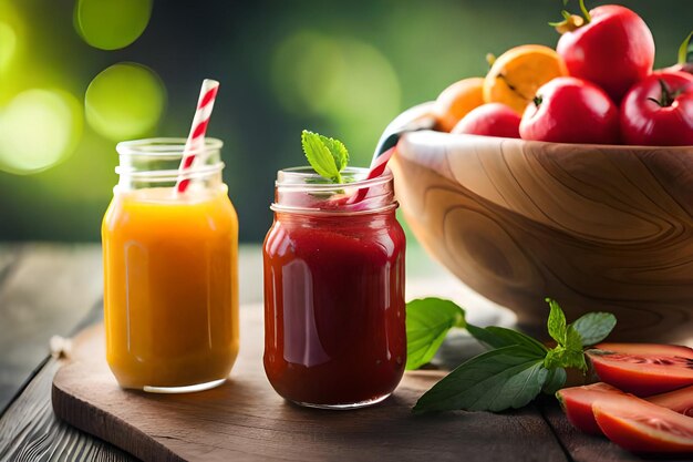 A bottle of fruit juice next to a jar of fruit juice