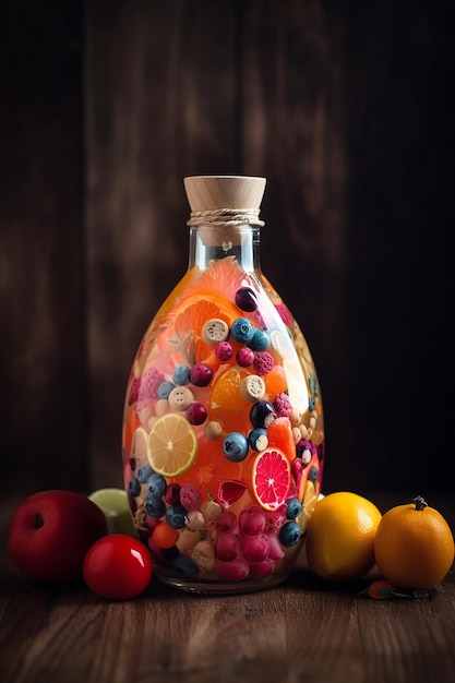 A bottle of fruit with a cork top that says'fruit '